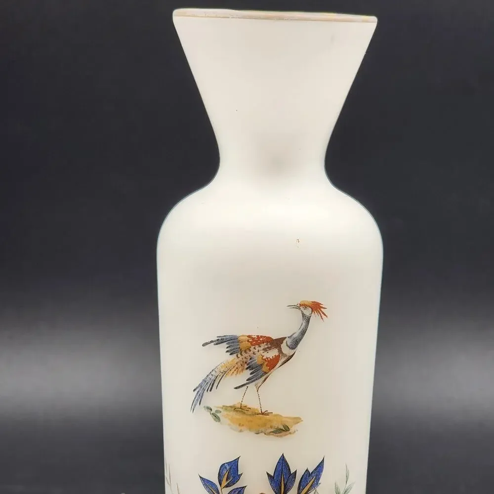 Norleans Frosted Satin Art Glass Vase Hand Painted Bird Bristol Gold Trim 10